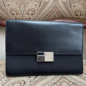 Gucci Black Two Way Clutch Wristlet Leather & Nylon Flap Silver Tone Authentic
